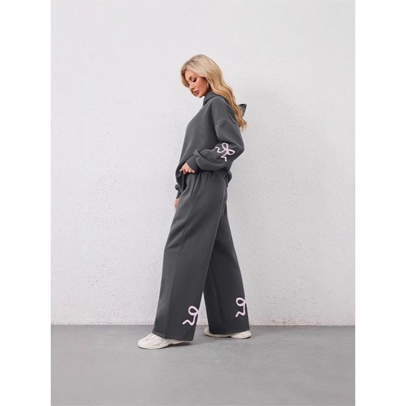 Women's oversized hoodie with bow decoration and print, long-sleeved casual patterned pullover, wide-leg pants print set