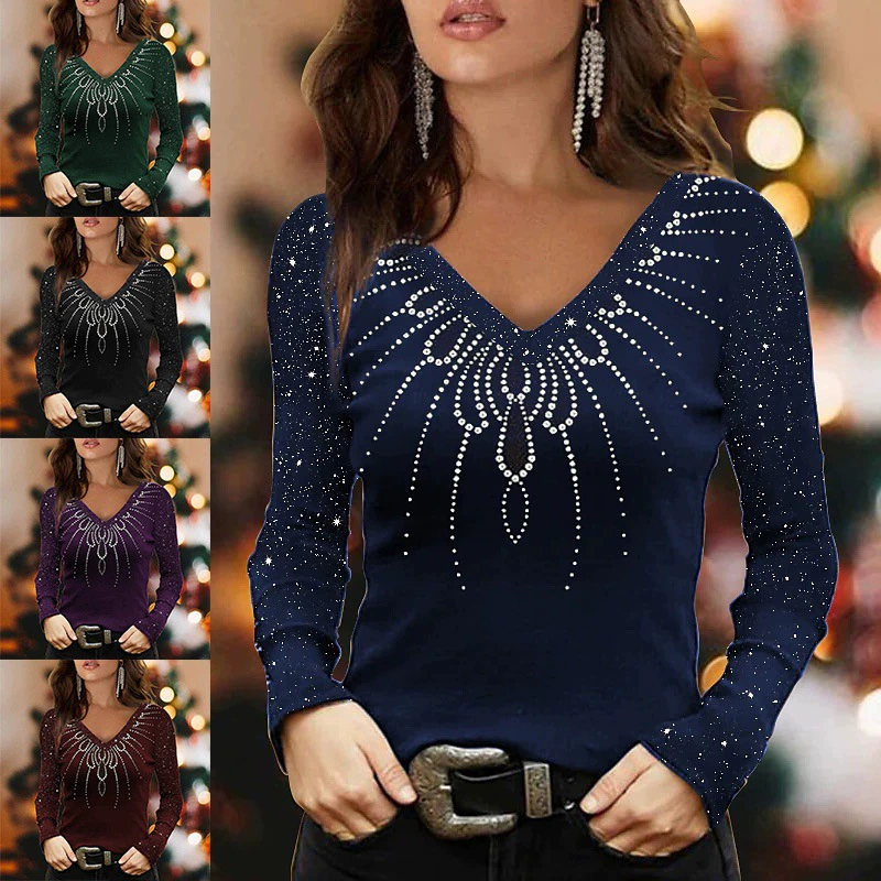 2023 Amazon AliExpress желает трансграничной европейской и американской женской весенне-осенней свободной футболки с круглым вырезом и длинным рукавом с принтом бриллиантов для женщин