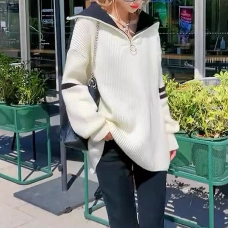 2023 otoño e invierno nuevo estilo japonés contraste color prendas de punto de las mujeres cuello alto manga larga suelta cremallera casual suéter mujeres image 3
