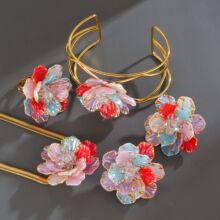 wish春季新品文艺复古风夸张金边大花朵手镯项链指环首饰套装批发