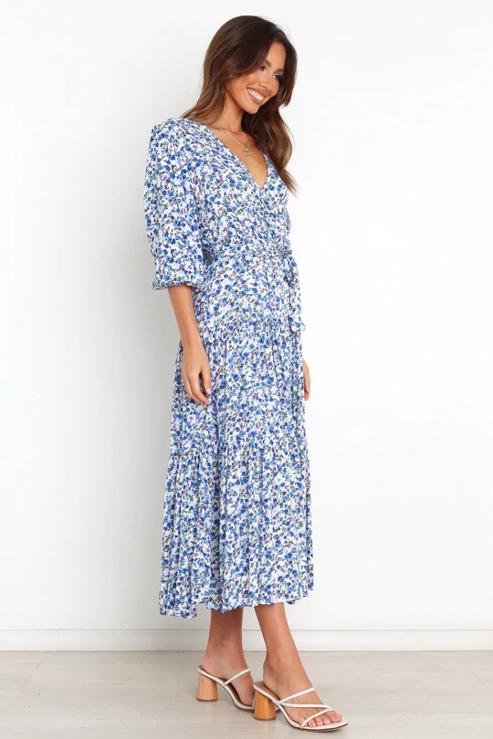 summer blue floral print mid-sleeve V-neck dress  NSCXY120954