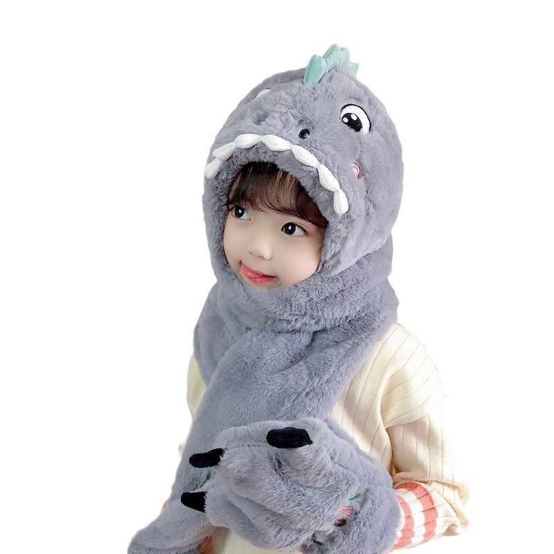 Sombreros infantiles bufandas guantes en invierno lindo dinosaurio para niños y niñas bebés protectores de oídos a prueba de viento con tres piezas engrosadas