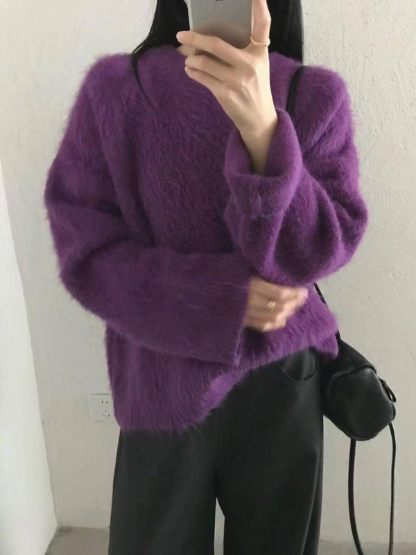 软糯慵懒仿浣熊绒宽松圆领毛衣女秋冬新款时尚减龄毛绒针织衫上衣|undefined