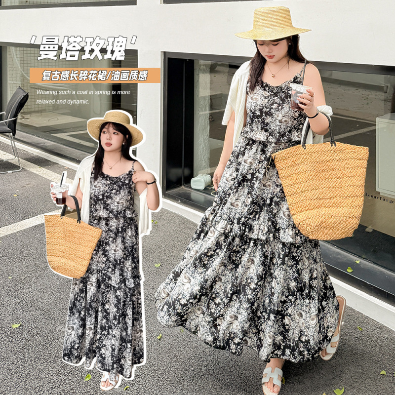 2442 plus size Floral Sling dress Loose Base Multi-Layer Ruffled Cake Long Dress Summer Lazy Sling Dress 2442 plus size Floral Sling dress Loose Base Multi-Layer Ruffled Cake Long Dress Summer Lazy Sling Dress
