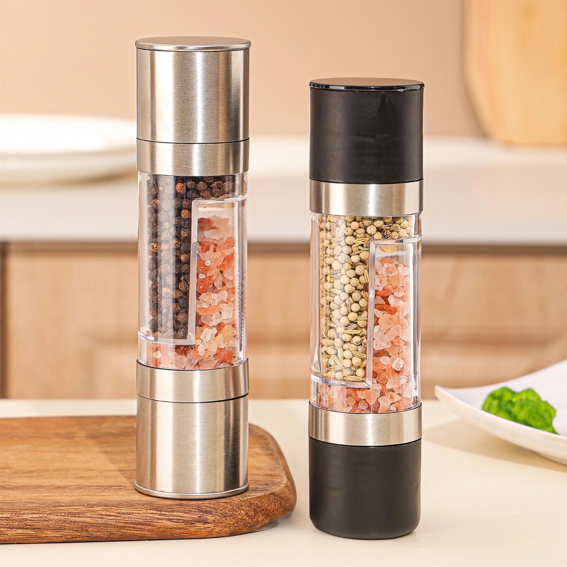 Botella de molienda de acero inoxidable manual de doble cabeza molinadora de pimienta molinadora de pimienta molinadora de condimento