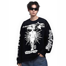 潮牌卫衣男400克地狱之星长袖男t恤打底衫印花圆领宽松款纯棉男装