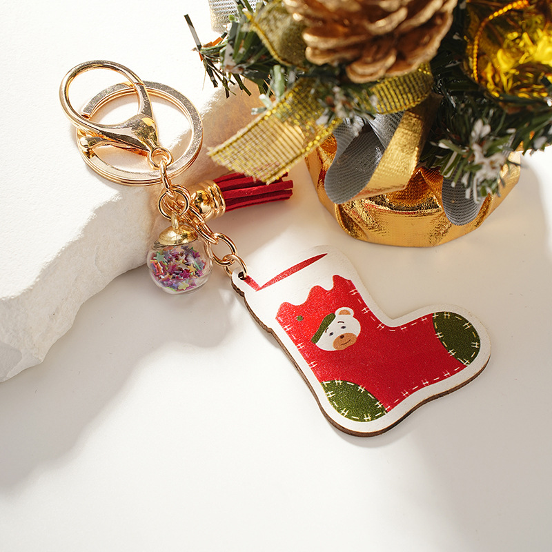 Cute Christmas Hat Christmas Socks Wood Christmas Unisex Keychain display picture 6