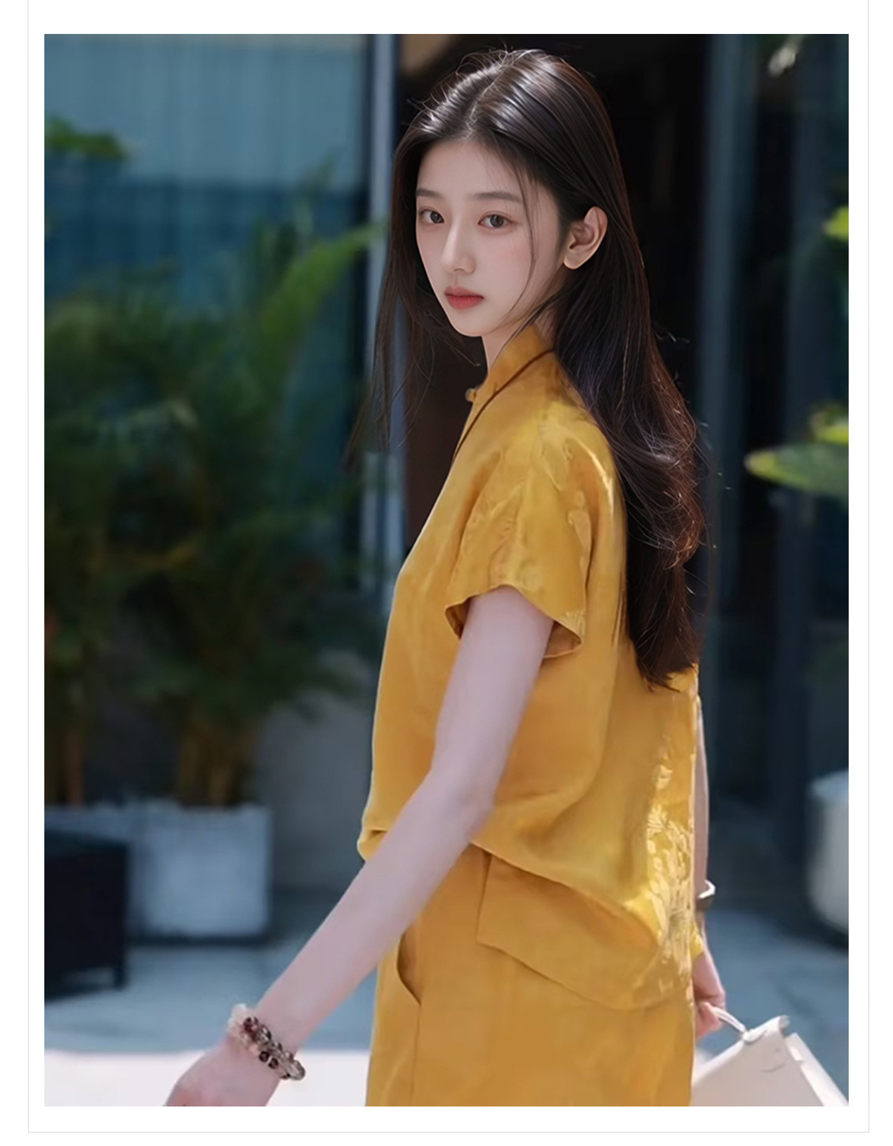 Bộ áo quần hai mảnh phong cách Trung Hoa mới cổ đứng jacquard mùa hè — Áo màu vàng, Quần dài màu vàng chi tiết 3