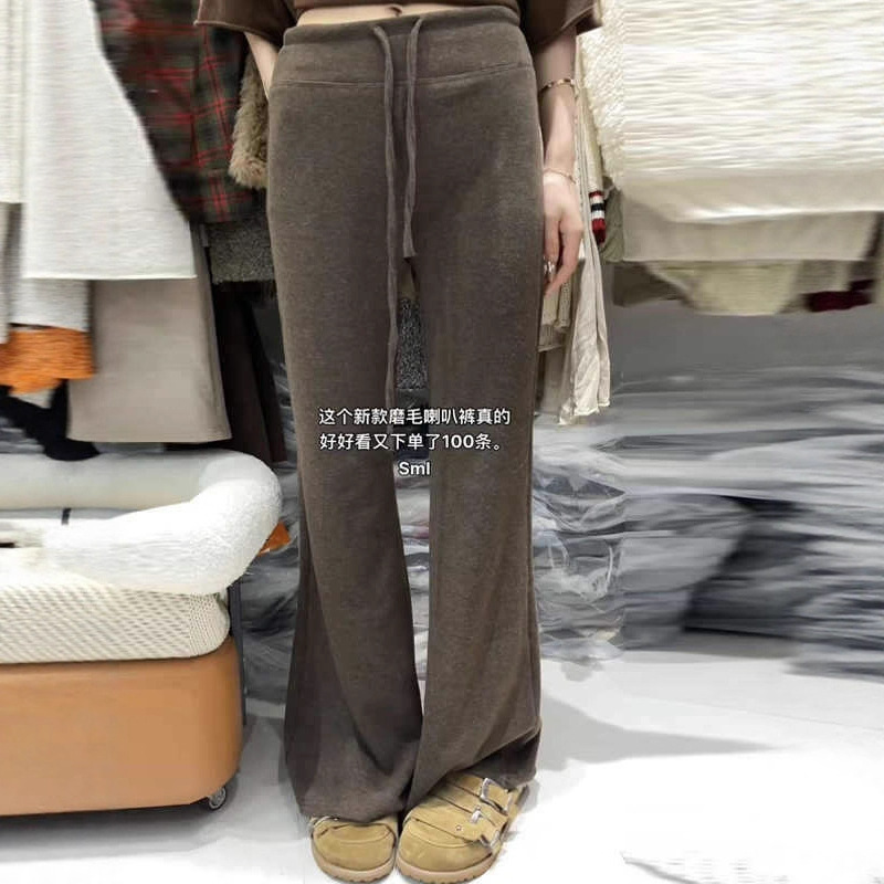 American-Style Lazy Drawstring Fleece-Lined Thick Flared Pants for Women, Winter Petite Elastic High-Waisted Slimming Casual Pants