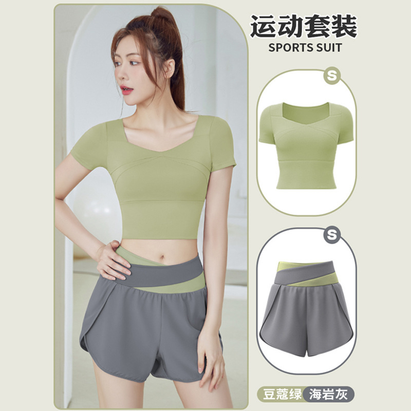 Yoga clothes suit women's summer simple new fashion morning running sports with chest pad quick-drying clothes running fitness short sleeve