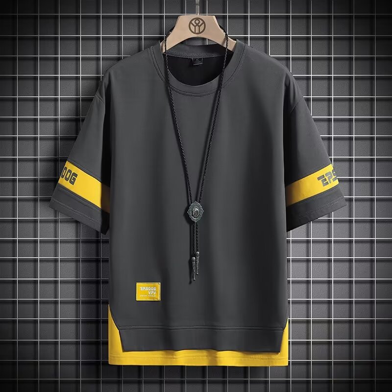 Brand Short-Sleeved T-Shirt Men's Summer New Loose Casual Round Neck Half-Sleeved T-Shirt Youth Handsome Fake Two-Piece Top