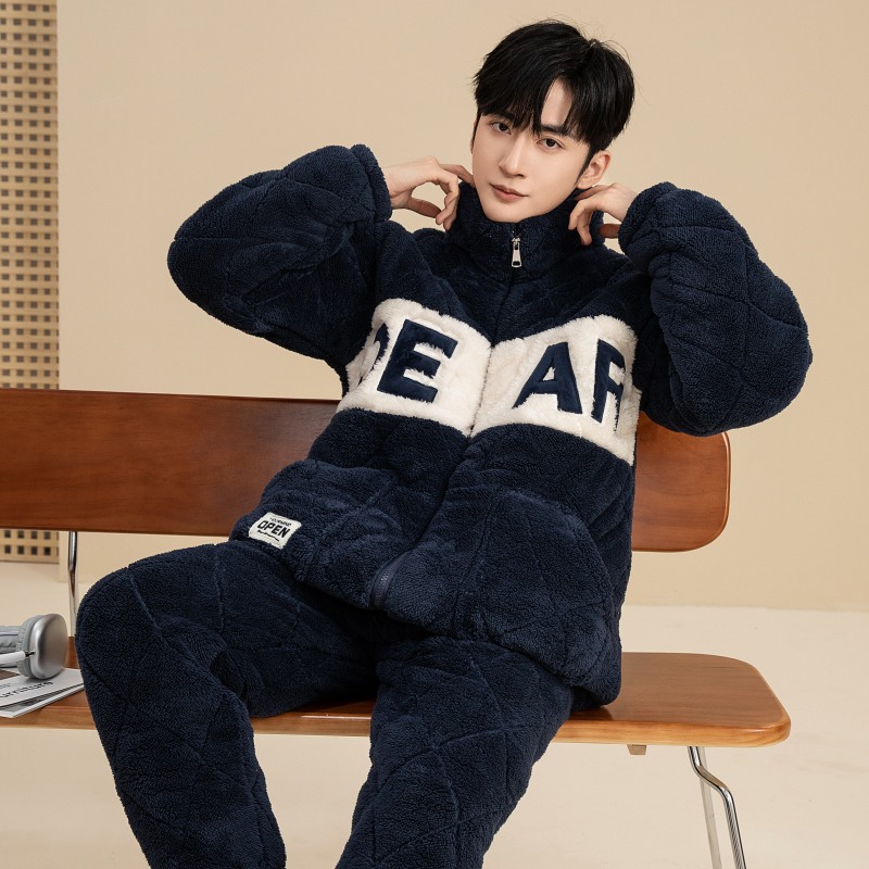 Men's Winter Pajamas, Three-Layer Quilted, Warm Coral Fleece, Autumn and Winter Style, Men's Zippered Loungewear Set, Thickened and Warm