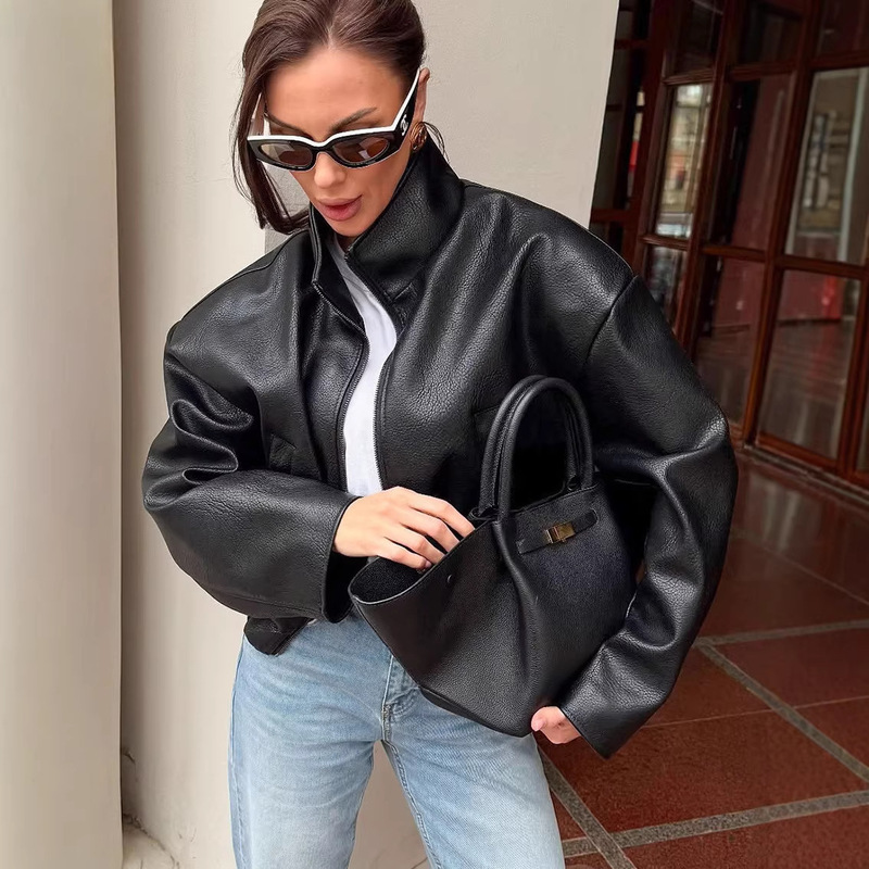 2026 New Black Leather Jacket Autumn and Winter High-End Pu Leather Women's Stylish and Elegant Cross-Border Leather Jacket Coat
