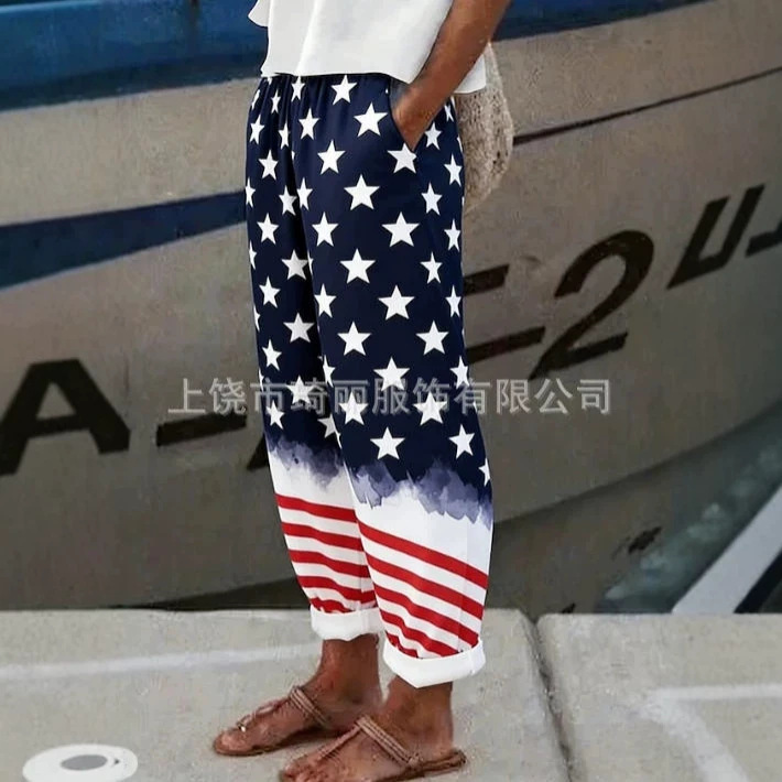 Women's long pants for vacation, vintage ethnic style, with national flag print, drawstring side pockets, breathable and comfortable