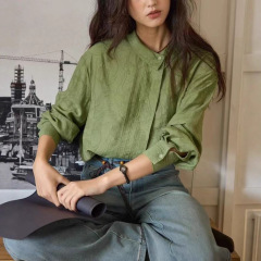 【8/25 零点新品9折】solighter 法式亚麻不对称翻领提花衬衫女秋
