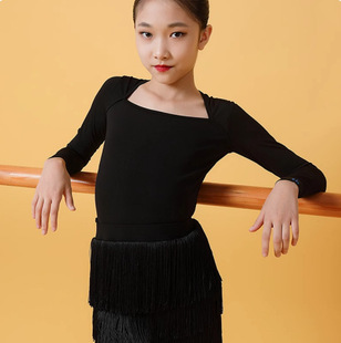 New Latin Dance Practice Dancing Clothing Women's Modern Children's Spring and Autumn Split Top Competition Long Sleeve Fake 2-piece Top