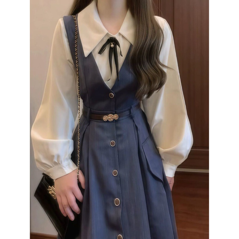 日系甜美清新学院风蝴蝶结翻领长袖衬衫学生收腰褶皱减龄背带裙潮|undefined