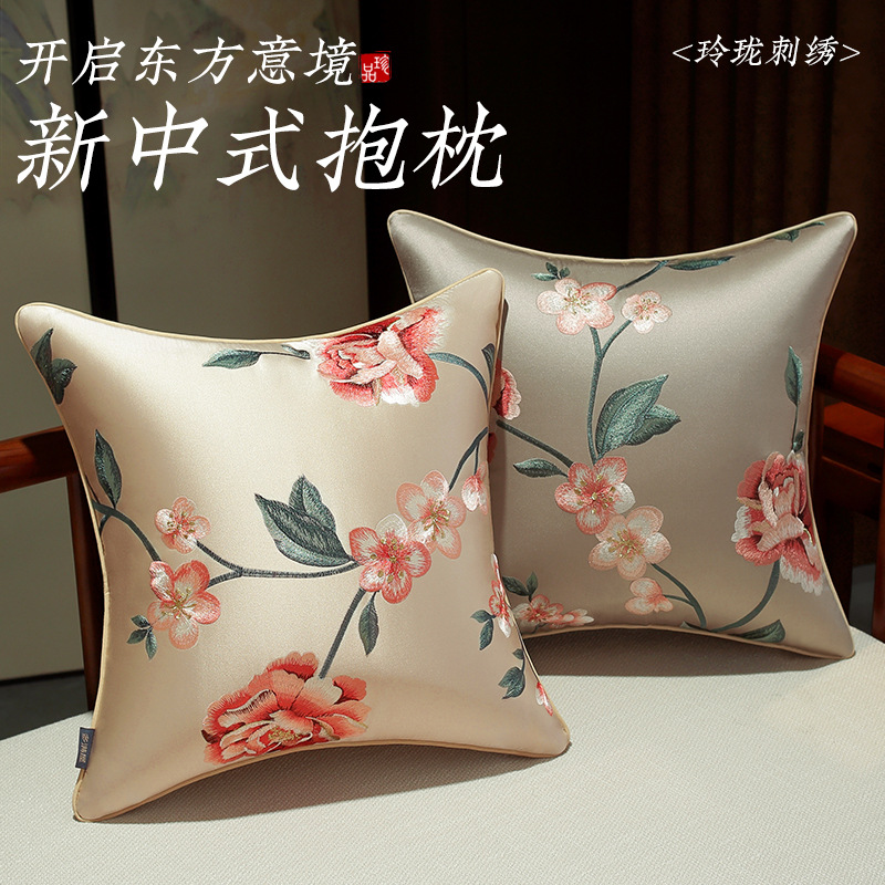 中式重工刺绣抱枕牡丹花卉缎面靠垫客厅沙发茶室装饰靠枕枕套批发