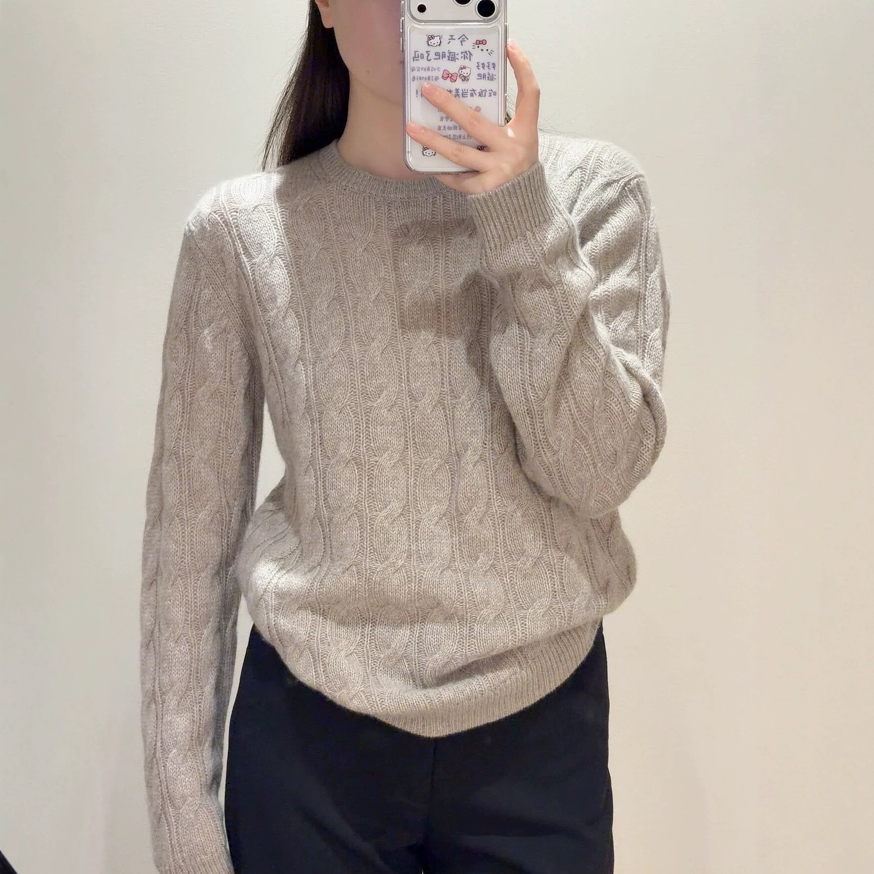 C-brand cable-knit wool sweater, solid color, round neck, long-sleeved, beige, new for autumn 26 1345058002