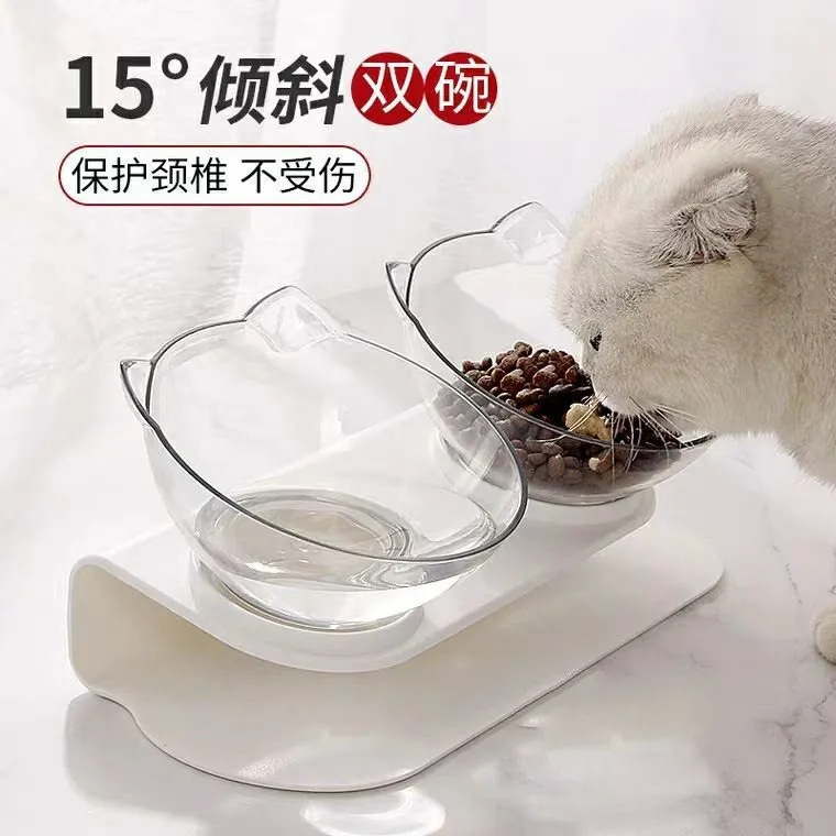 Tilt cat bowl 15 degree oblique mouth overhead neck protection transparent cat ear plastic double bowl dog bowl cat food supplies