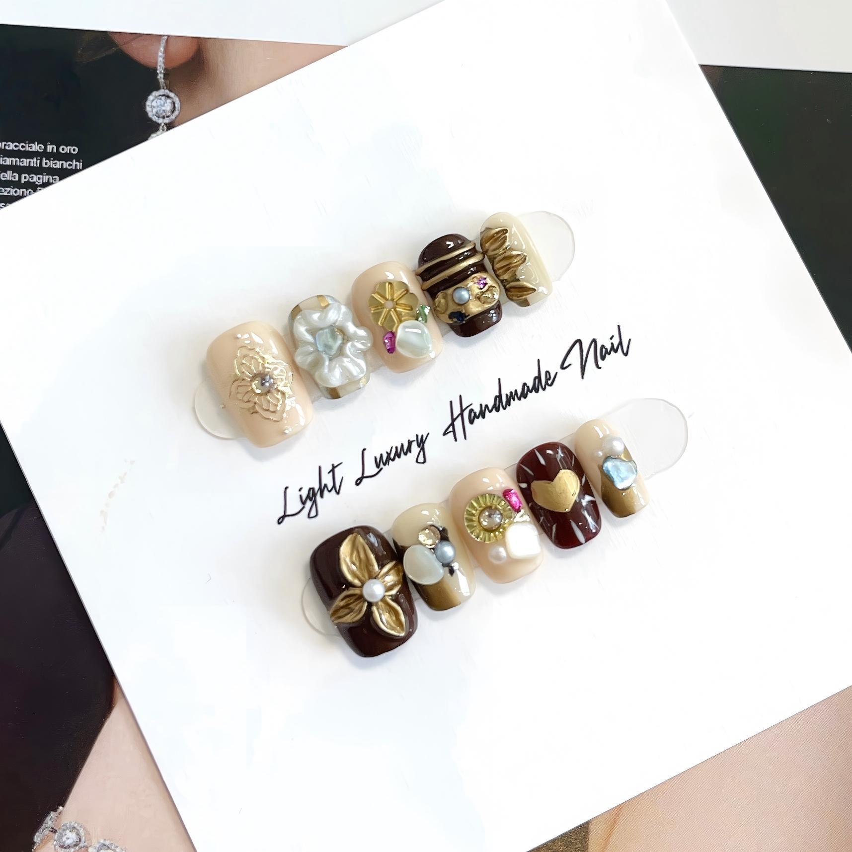 【安艺】巴洛克铆钉珍珠贝壳咖色纯手工穿戴甲晕染高级感美甲贴片