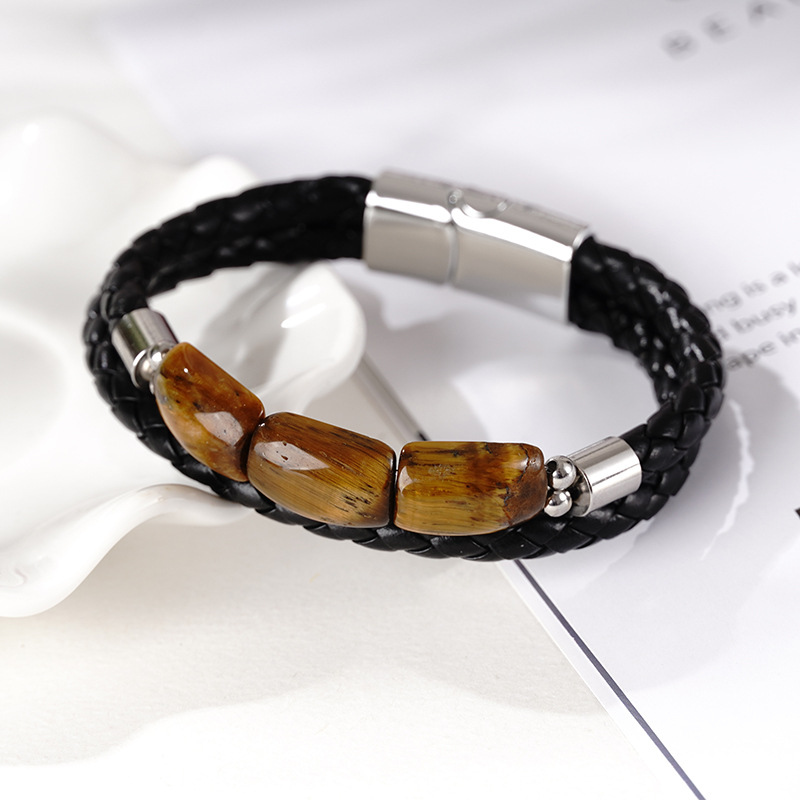 Woven leather bracelet stainless steel