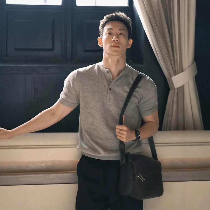 American Fitness Henley Collar Short-Sleeved Polo Shirt Men's Summer Right Shoulder Cuff Tightening T-Shirt Heavy Stiff Half-Sleeve