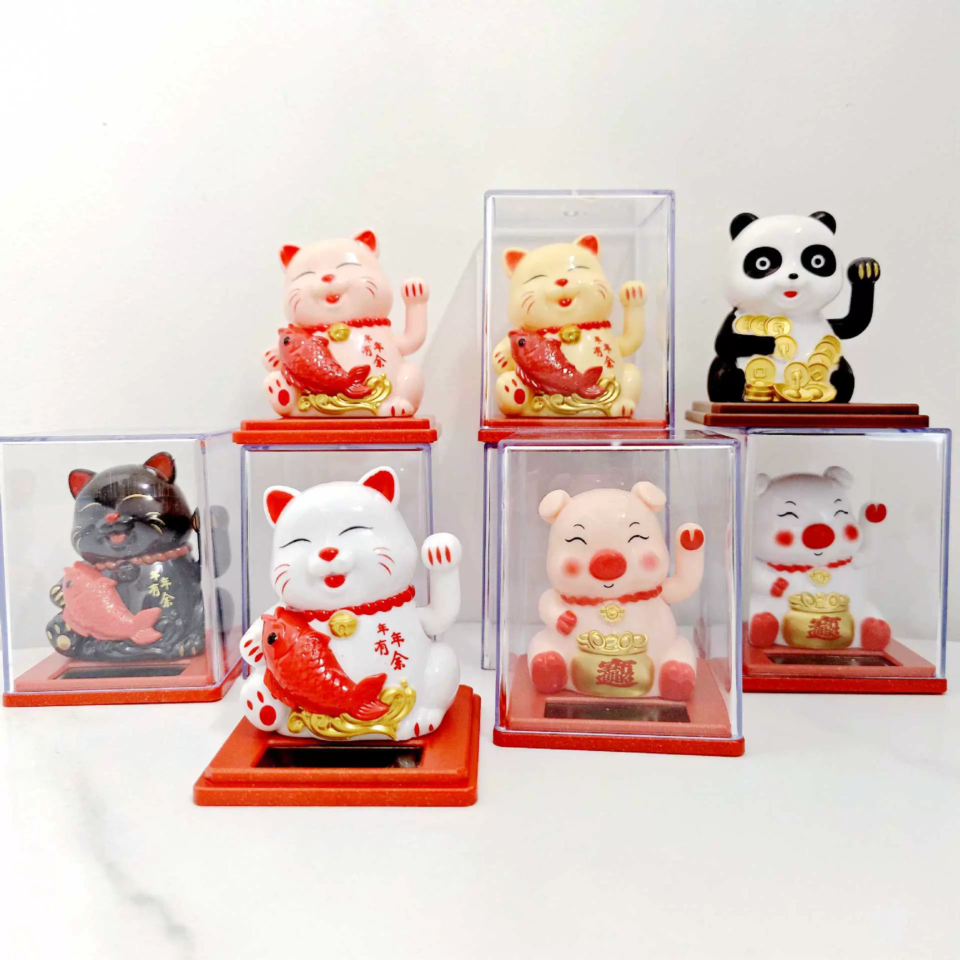 2寸年年有余太阳能招财猫车载装饰喜庆招手招财进宝摆件节庆礼品