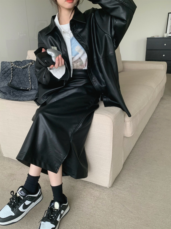 2025秋季新款美式辣妹风设计感百搭长袖皮衣高腰半身裙时尚套装女|undefined