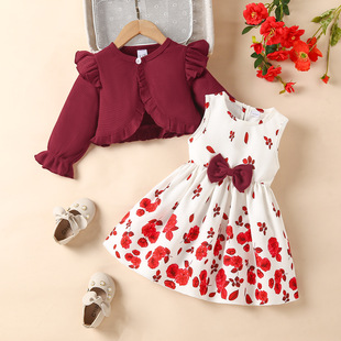 Cross-Border Baby Girl Sweet Long-Sleeved Jacket Vest Butterfly Dress Autumn and Winter Short Flower Skirt Girl Suit