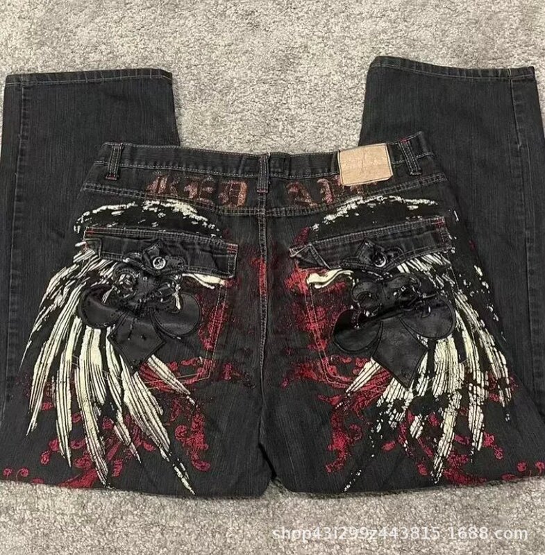 跨境电商JNCO Y2K宽松牛仔裤男士复古刺绣嘻哈街头原宿男士阔腿裤|undefined