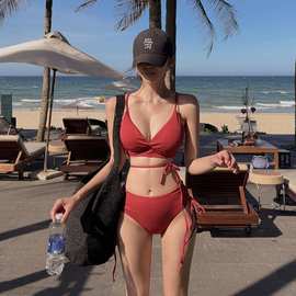 纯色高腰分体泳衣女bikini露背比基尼亚马逊爆款套装速干分体式