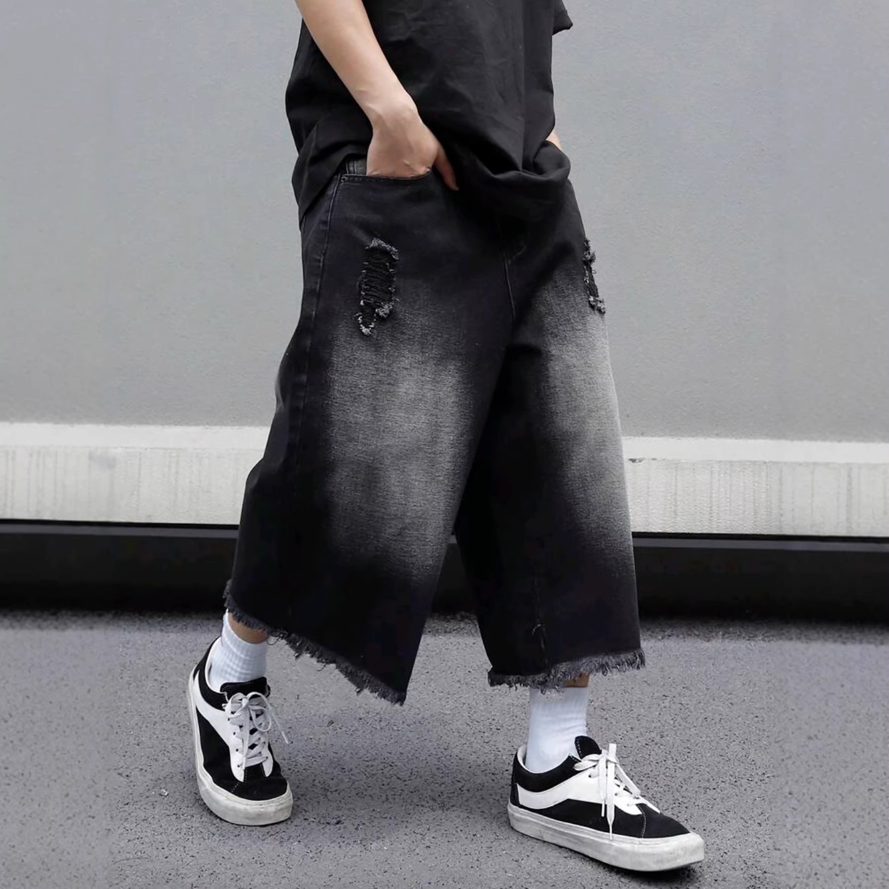 Cross-Border American Retro Washed Frayed Distressed Denim Shorts Gradient Distressed Shorts Summer Trendy Brand Loose-Fitting Cropped Pants