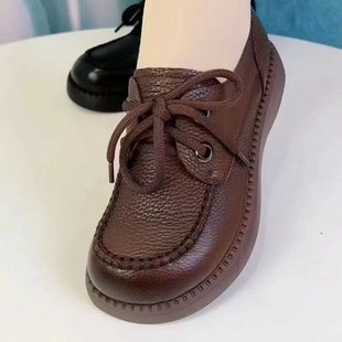 Lace-up leather shoes for women 2024 spring new women's shoes soft bottom soft surface soft casual all-Match platform loafers single-layer shoes