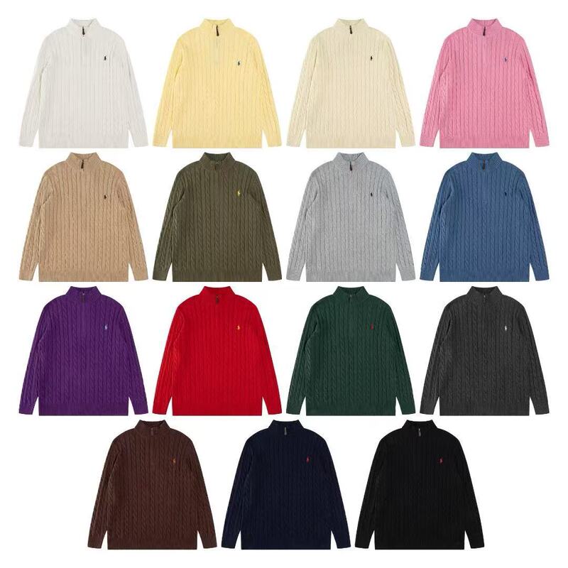 In-Stock Items with Qr Code Available: Rl Ralph Lauren Small Label Embroidered Logo High-Neck Pullover Half-Zip Knitted Cable Sweater Trendy