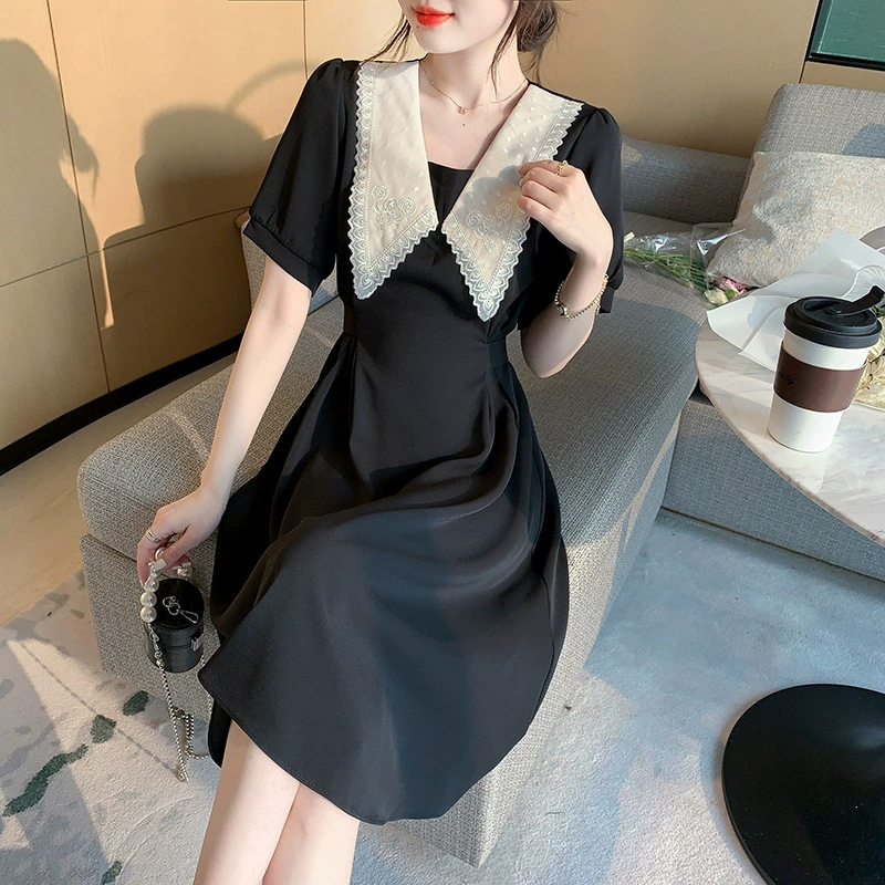 Готовое платье с воротником-стойкой в ретро-стиле для женщин, лето 2025, с короткими рукавами, завышенной талией, юбка А-силуэта для стройности.