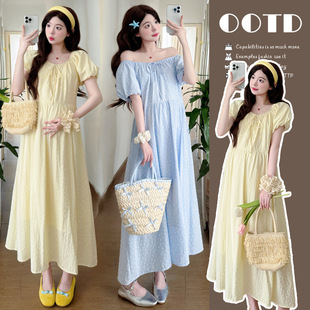 2025 New Summer Style Lace-Up Bow Mid-Length Maternity Dress with Puff Sleeves for Pregnant Mothers to Wear Summer Long Dress