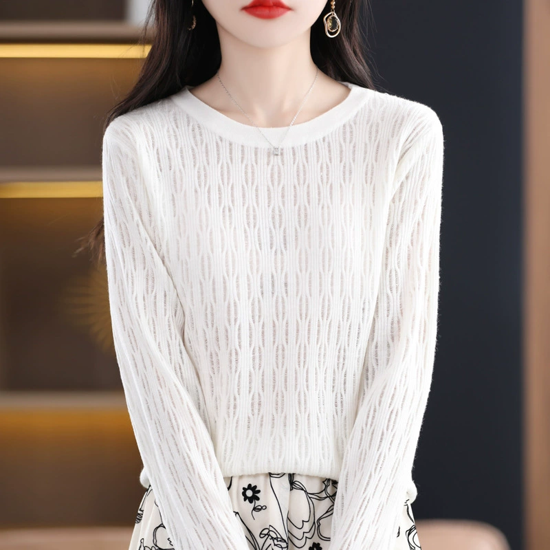 2024 весна и осень новая камвольная рубашка с круглым вырезом с полым нижним дном