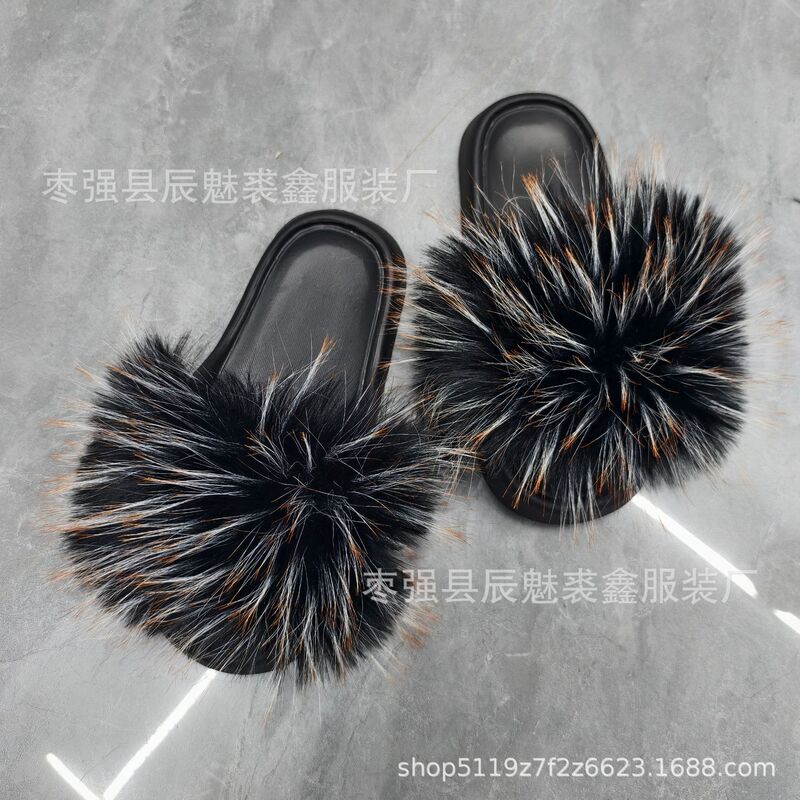 Cross-border European and American wholesale of new casual faux fox fur and raccoon fur outdoor slippers, high-end plus-size women's shoes