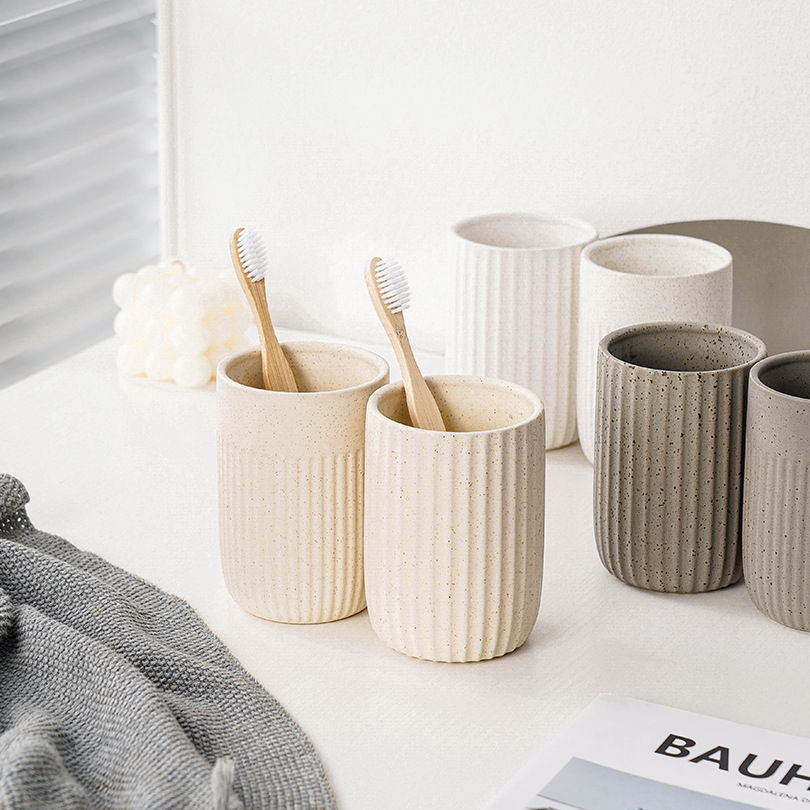 Modern Minimalist Ceramic Striped Vertical Pattern Couple's Toothbrush Mouthwash Cup, Bathroom Wash Cup_voghion.com