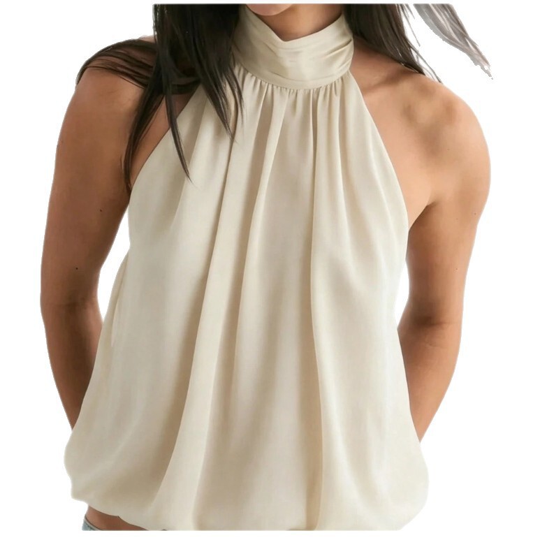 Women's European and American Style Puff Collar Backless Blouse, Sleeveless Backless Design, Fashionable Button Collar Short Women's Shirt