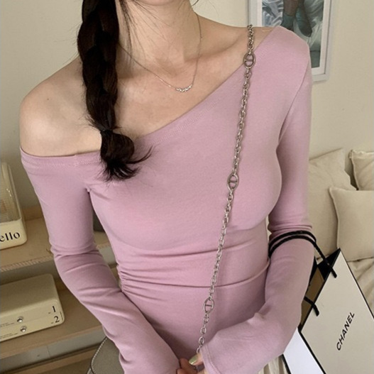 Kayi Dai 2025 Spring Unique Super Good-looking Slant Shoulder Top Shoulder Shirt Shoulder Design Sense Slim-fit Long Sleeve Base Shirt for Women