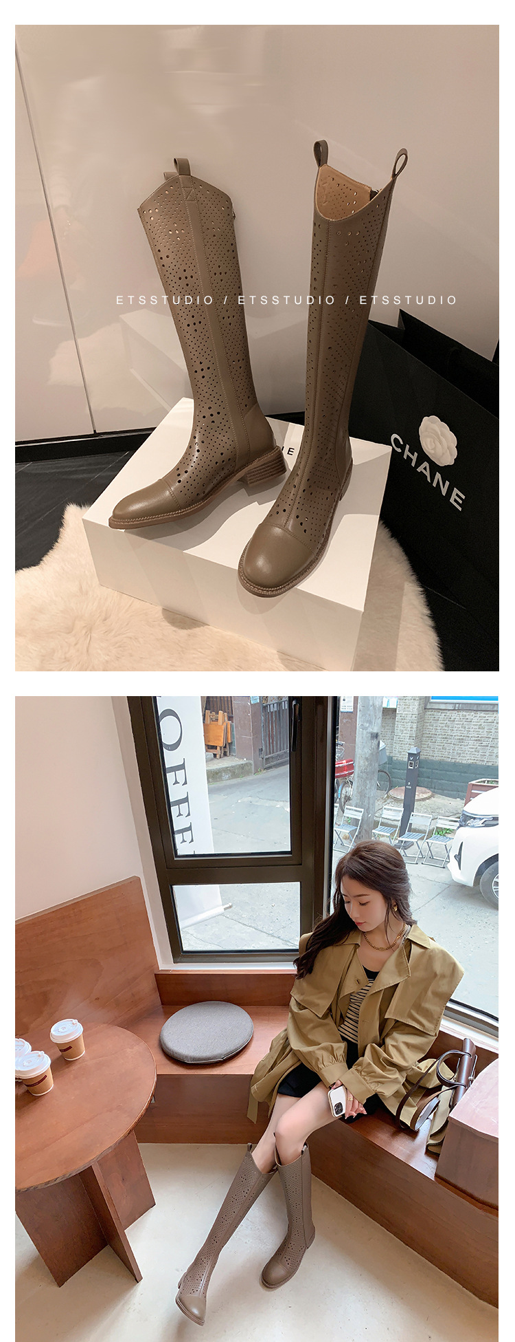 Boot nữ cổ cao rỗng dạng lưới, phong cách thể thao, ống cao thoáng khí — Màu đen chi tiết 19