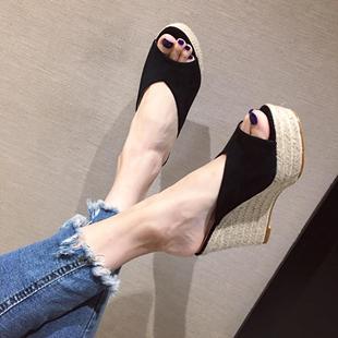 2025 Summer Korean Style Wedge Braided Hemp Rope Thick-Soled Sandals Versatile Suede Solid Color Slippers Women's Peep-Toe Sandals