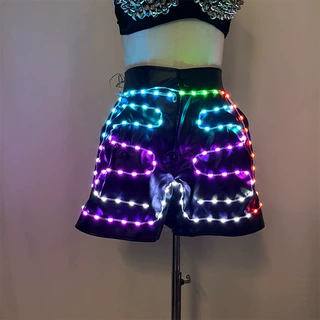 LED七彩APP遥控发光黑色皮裤电音节蹦迪夜店闪光短裤舞台演出服饰