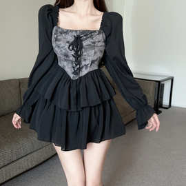 欧美跨境外贸水墨扎染不规则收腰连衣裙小众设计感甜辣妹蓬蓬短裙