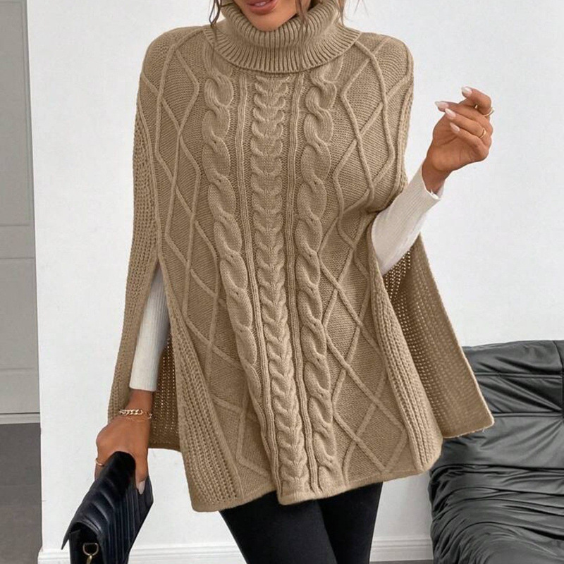 Amazon's New Autumn European and American Style High-Neck Solid Color Cape Slit Sweater, Loose and Fashionable Women's Shawl with an Elegant Temperament Amazon's New Autumn European and American Style High-Neck Solid Color Cape Slit Sweater, Loose and Fashionable Women's Shawl with an Elegant Temperament