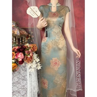 Retro New Chinese Style National Style Improved Cheongsam Summer Dress Dish Gold Slim-fit Slimming Satin Split Hollow-out Slim-fit dress