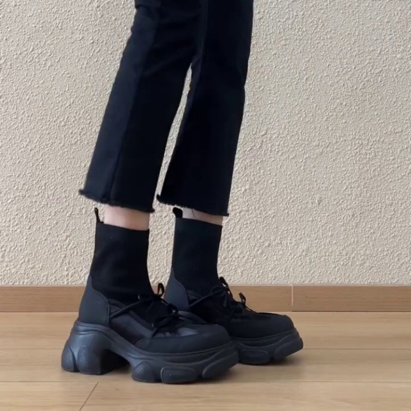 软皮版~2025新款厚底弹力靴女英伦休闲风拼接蝴蝶结松糕底瘦瘦靴|undefined