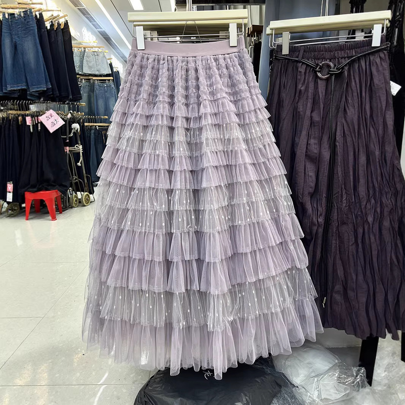 Cross-Border Style Shiny Silk Polka Dot Cake Skirt 2025 Autumn New Fashion Sweet Gauze Long Skirt for Women